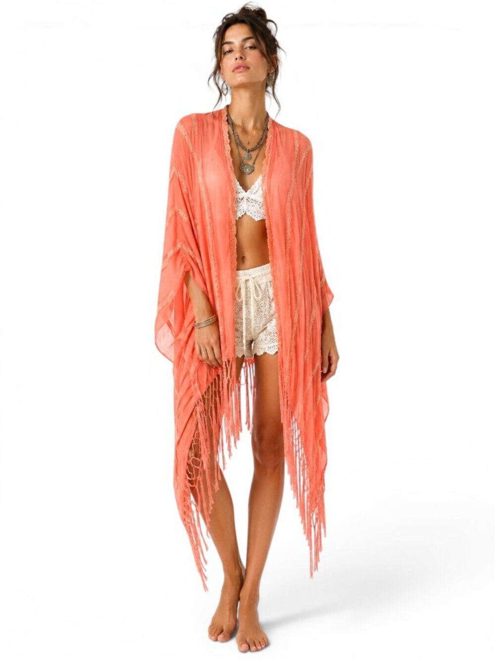 Free People Muche Et Muchette Rory Ruana Shawl Fringe Wrap Coral Peach Boho O/S
